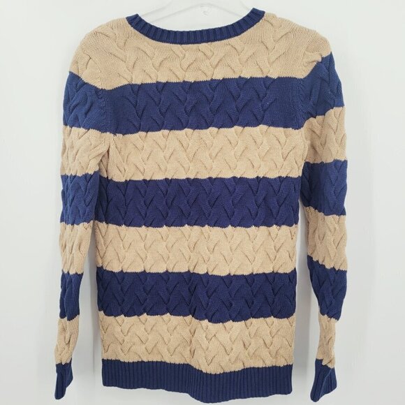 Land's End Drifter Cable Knit Navy & Tan Stripe Pullover Cotton Sweater - Picture 2 of 8